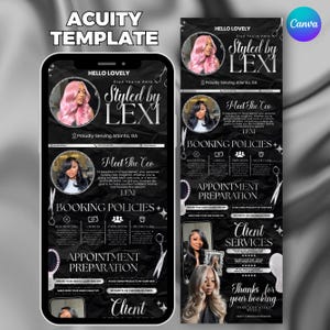 May include: A black and white digital flyer for a hair stylist, "Styled by Lexi," with images of hairstyles and text. The flyer includes booking policies, appointment preparation, and client services information.