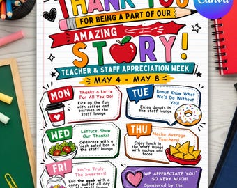Teachers and Staff Appreciation Week Event Flyer, Teacher & Staff Appreciation Schedule Itinerary, PTO PTA Event, Editable Canva Template