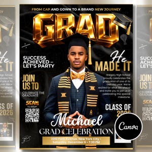 Class of 2026 Gold Graduation Invitation, Editable Magazine Style Black Boy College High School Grad Party Canva Editable