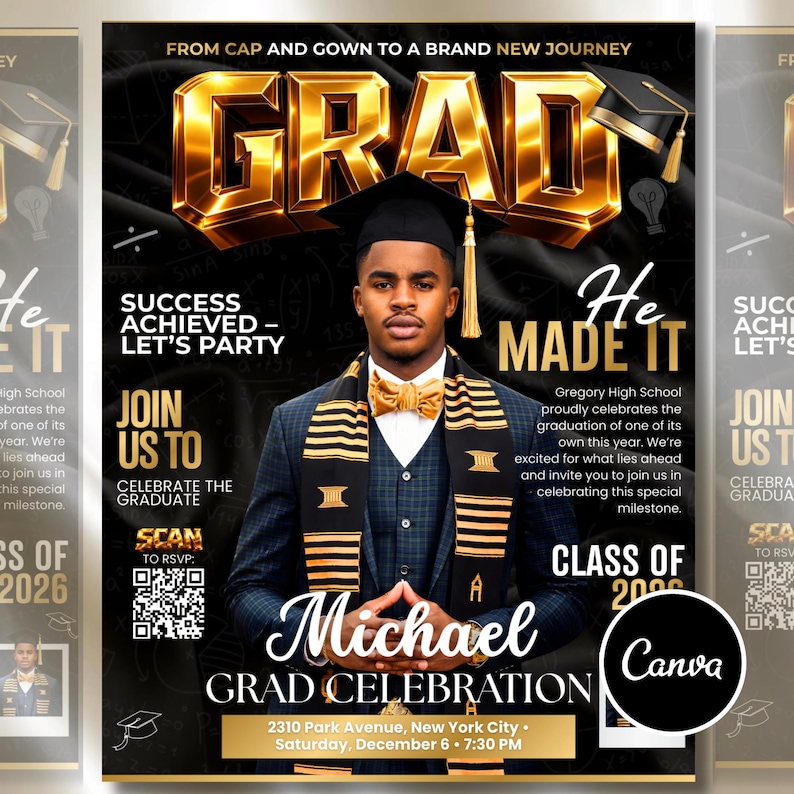 Class of 2026 Gold Graduation Invitation, Editable Magazine Style Black Boy College High School Grad Party Canva Editable