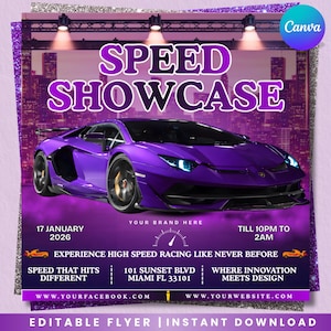 Peut inclure: Flyer violet pour un événement Speed Showcase, avec une voiture de sport violette. Le flyer comprend les détails de l'événement : date, heure, lieu et adresses de sites Web. Le texte dit "Vivez des courses à grande vitesse comme jamais auparavant."
