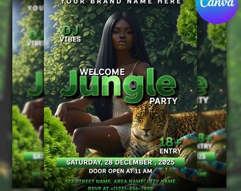 Editable Jungle Party Flyer Template: Canva Club Event Invitation ,Digital Download,Safari Birthday Flyer, Wild One Invitation, DIY Canva