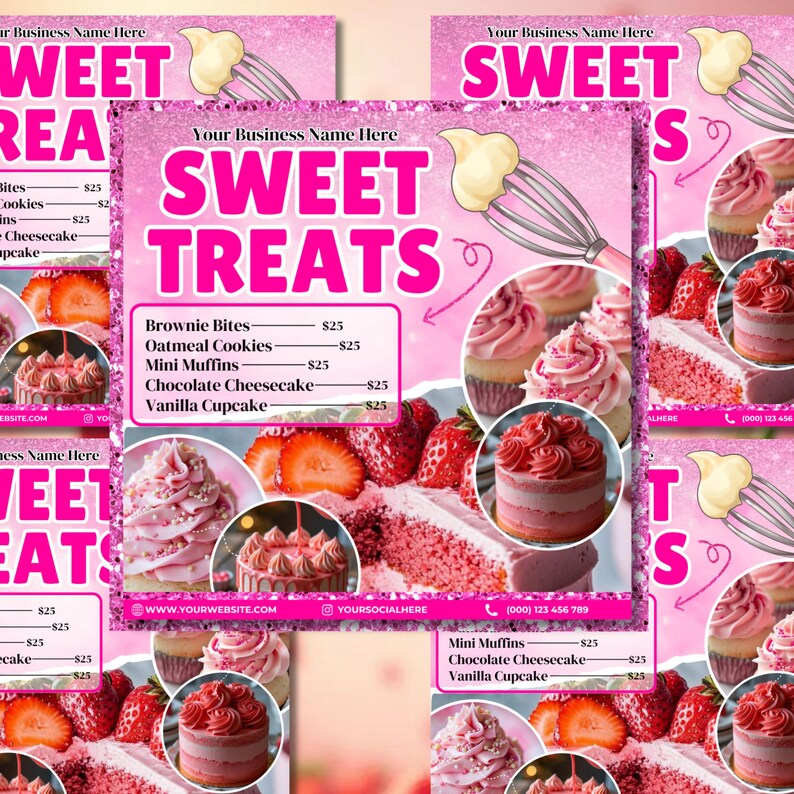 May include: A pink and white advertisement for "Sweet Treats" featuring cupcakes, cake slices, and strawberries. The text includes a menu with prices for various baked goods. A whisk and whipped cream are also shown.