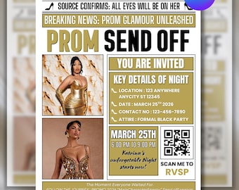 Gold Glam Newspaper Prom Send Off Invitation,Prom Welcome Sign,Prom Queen King Party Invite Flyer,Prom Send Off Tshirt,Prom Template Bundle
