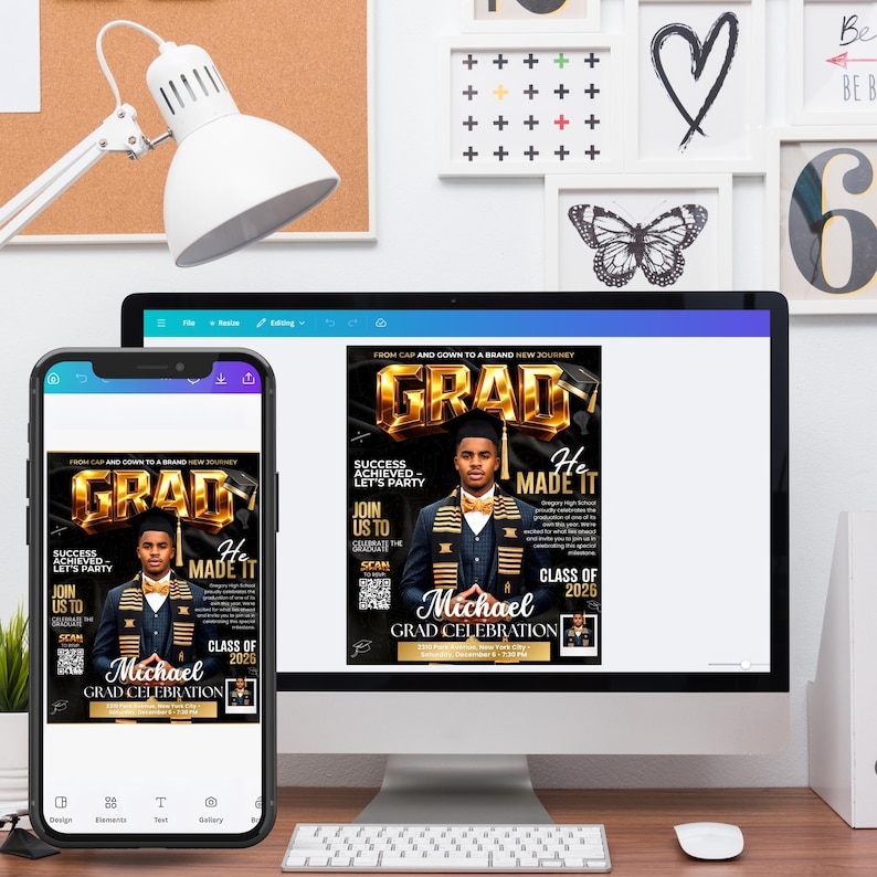 Class of 2026 Gold Graduation Invitation, Editable Magazine Style Black Boy College High School Grad Party Canva Editable