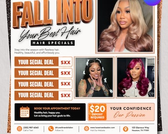 Fall Booking Flyer, Fall Into My Chair, Hair Specials, Braids Lashes Nail MUA Autumn Beauty Flyer, Editable Canva Template