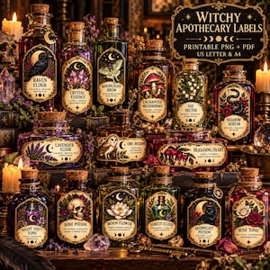 Può includere: Una collezione di flaconi da farmacia in vetro con tappi in sughero, ognuno caratterizzato da etichette ornate con illustrazioni botaniche e mistiche. Le etichette includono testi come Raven Elixir, Crystal Essence e Moonlight Brew su una superficie scura.