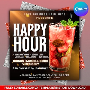 Puede incluir: Un folleto promocional para un evento de Happy Hour. El diseño presenta un cóctel vibrante con fresas y menta. El texto incluye "Happy Hour", "Drinks, Music & Good Vibes Only" y detalles del evento. El fondo tiene un degradado dorado y marrón.