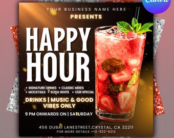 Happy Hour Flyer Template, Social Media Flyer, Template Bar Promotions Flyer  Drink Specials Template,  Flyer Happy Bar DIY Template