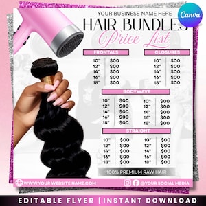 Op de afbeelding: Roze en zilveren flyer met een prijslijst voor haar bundels. De flyer bevat een roze haardroger afbeelding en een bundel zwart haar. De tekst bevat "Hair Bundles Price List" en verschillende haarlengtes.