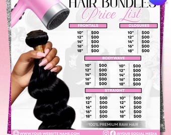 Hair Price List Flyer, Wig Install Flyer, Hair Bundles Social Media Canva Template, Hair Stylist Booking Flyer