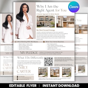 May include: A real estate flyer featuring a woman in a white blazer. The flyer includes text about a client-focused strategy, expert staging guidance, and a pledge for transparency. The flyer is labeled "Editable Flyer | Instant Download."