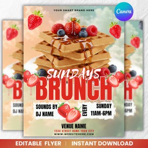 May include: A promotional flyer for a Sunday brunch event. It showcases a stack of waffles with syrup, strawberries, blueberries, and raspberries. The text reads "Sundays Brunch" and includes event information.