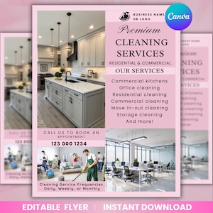 Op de afbeelding: Roze flyer die schoonmaakdiensten promoot. De flyer bevat afbeeldingen van een keuken en een kantoor. Tekst omvat "Premium CLEANING SERVICES", "Residential & Commercial" en een telefoonnummer. Diensten omvatten kantoor- en woningreiniging.