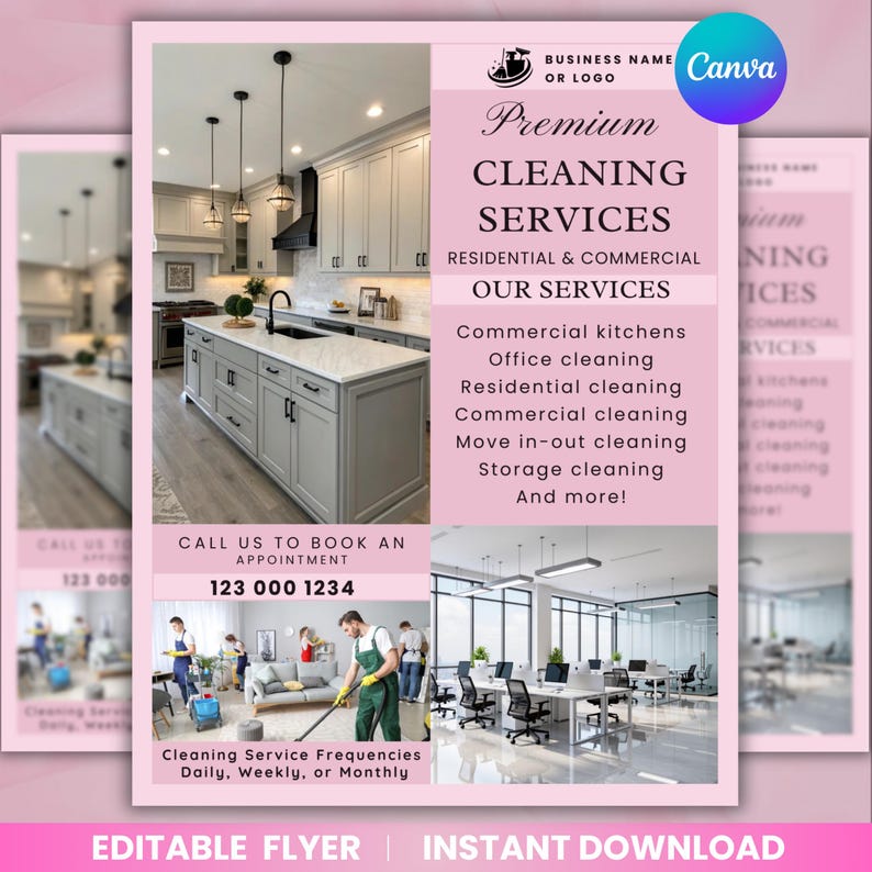 May include: Pink flyer promoting cleaning services. The flyer includes images of a kitchen and an office. Text includes "Premium Cleaning Services," "Residential & Commercial," and a phone number. The flyer also lists services like office and residential cleaning.