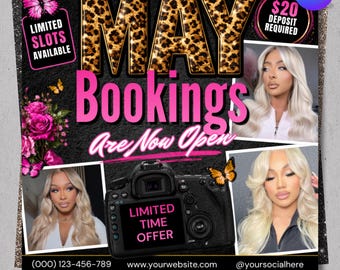 May Booking Flyer, Mothers Day Booking Flyer, May Hair, May Books Open, May Appointment Flyer, May Book Now, May Lashes Nail Braid Wig Flyer