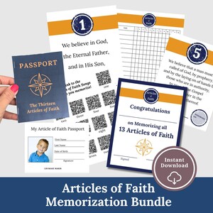 May include: A bundle of printable educational materials, including a navy blue passport, worksheets, and a certificate. The passport reads "The Thirteen Articles of Faith." The materials have a navy blue, white, and gold color scheme.
