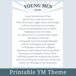 May include: A printable poster with the text "YOUNG MEN THEME" and a religious statement. The text includes a declaration of faith and commitment. The bottom of the poster reads "Printable YM Theme".