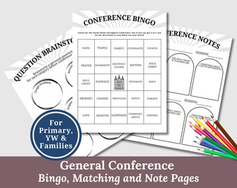 Puede incluir: Un conjunto de páginas de actividades de la Conferencia General, que incluyen un juego de Bingo, ejercicios de emparejamiento y páginas de notas. Las páginas son blancas con texto y gráficos en negro, y un montón de lápices de colores están en el lateral. El texto incluye "Conference Bingo" y "Conference Notes."