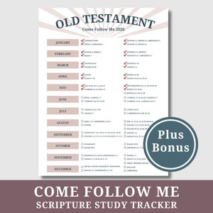 May include: A printable Old Testament scripture study tracker for 2026. The design features a cream background with a light brown border and text. The title "Old Testament" is at the top, with the words "Come Follow Me 2026" below it. The tracker includes months and scripture references.