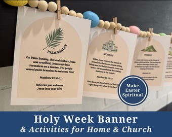 Puede incluir: Un banner con tarjetas impresas para actividades de Semana Santa. Las tarjetas están unidas con cuentas de madera y pinzas para la ropa. Cada tarjeta presenta texto e ilustraciones relacionadas con los eventos de la Semana Santa.