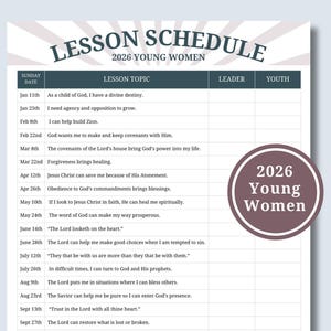 Pode incluir: Um cronograma de lições para Jovens Mulheres de 2026, com tópicos e datas das lições. O documento inclui um emblema circular com o texto "2026 Young Women". O fundo tem um design radial sutil.