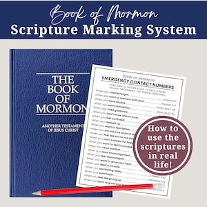 Puede incluir: Un libro azul de tapa dura titulado "The Book of Mormon" con el texto "Another Testament of Jesus Christ". Junto a él, un papel con números de contacto de emergencia y la frase "How to use the scriptures in real life!" Un lápiz rojo descansa sobre el papel.