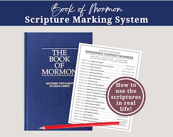 Puede incluir: Un libro azul de tapa dura titulado "The Book of Mormon" con el texto "Another Testament of Jesus Christ". Junto a él, un papel con números de contacto de emergencia y la frase "How to use the scriptures in real life!" Un lápiz rojo descansa sobre el papel.