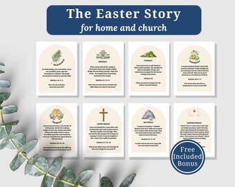Puede incluir: Un conjunto de ocho tarjetas con el texto "The Easter Story for home and church". Cada tarjeta presenta un día diferente de la Semana Santa, con ilustraciones y versículos bíblicos. Se incluye una pegatina de bonificación.