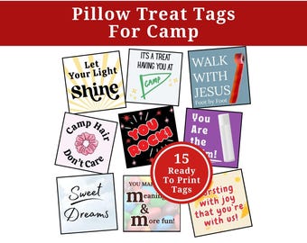 Puede incluir: Una colección de etiquetas cuadradas para golosinas de almohada con varios diseños y frases, incluyendo "Let Your Light Shine", "You Rock!" y "Sweet Dreams". Las etiquetas están diseñadas para campamentos y listas para imprimir.