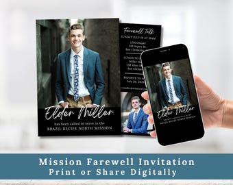 Puede incluir: Una invitación de despedida de misión con un joven con traje azul y corbata estampada. La invitación incluye el texto "Elder Miller" y detalles para una charla de despedida y un almuerzo. La invitación se muestra en una tarjeta impresa y un teléfono inteligente.