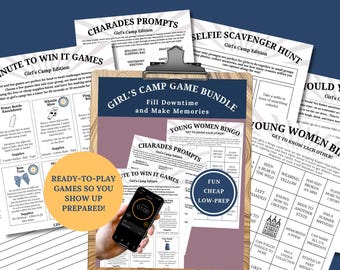 Puede incluir: Un paquete de juegos Girl's Camp con varias indicaciones y actividades. Incluye Minute to Win It Games, Charades, Selfie Scavenger Hunt y Young Women Bingo. Un teléfono muestra un temporizador. El paquete está diseñado para llenar el tiempo de inactividad y crear recuerdos.