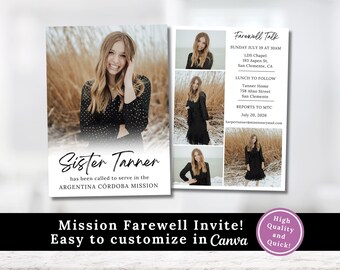 Puede incluir: Una invitación de dos páginas con una foto de una mujer sonriente. El lado izquierdo presenta una foto y el texto "Sister Tanner" y "Argentina Córdoba Mission". El lado derecho incluye detalles del evento: fecha, hora, lugar e información de contacto.