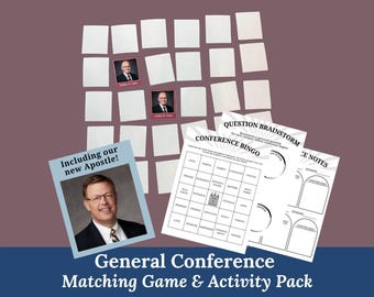 Puede incluir: Un paquete de juego y actividades de la Conferencia General. La imagen muestra una colección de tarjetas blancas, una tarjeta de bingo y hojas de notas. El texto incluye "Including our new Apostle!" y "Conference Bingo". El fondo es una mezcla de morado y azul.