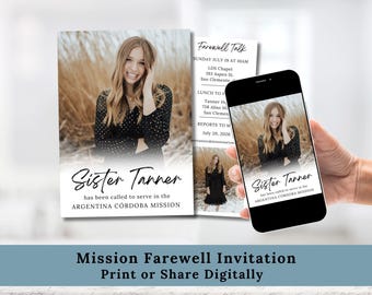 Puede incluir: Una invitación de despedida de misión con una foto de una mujer con un vestido negro. La invitación incluye el texto "Sister Tanner" y detalles sobre la charla de despedida, incluyendo la fecha, hora y lugar. La invitación está disponible para imprimir o compartir digitalmente.
