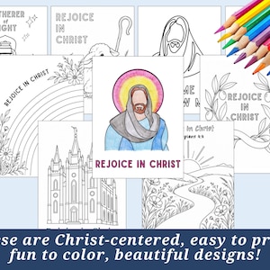 May include: A collection of black and white colouring pages featuring religious themes, including a central coloured illustration of a figure with a halo, surrounded by various line art designs like a temple, flowers, and landscapes, with coloured pencils.
