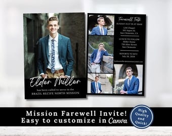 Puede incluir: Una invitación en blanco y negro con una foto de un joven con traje azul y corbata. El texto incluye "Elder Miller" y detalles de una despedida misionera. El lado derecho enumera la información del evento.
