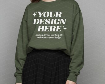 Gildan 18000 Military Green Mockup, Earthy Tone Sweatshirt, G180 Crewneck Model, Minimalist Aesthetic Green Pullover, Clean Studio Mockup