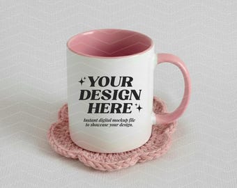 11oz roze accentmokmodel, gezellig gestileerd mokmodel, koffiekopje met roze handvat, gekleurde mokmodel, Cottagecore-esthetiek, roze accentkop