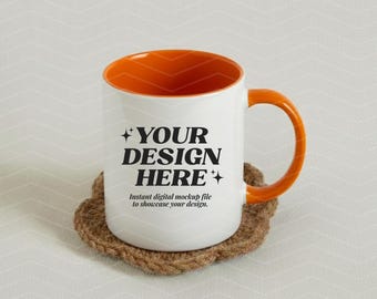 Mockup oranje accentmok, 11oz mok mockup oranje handvat, warme, gezellige koffiekop, neutraal minimaal esthetisch, POD-mock-up voor Etsy-verkopers
