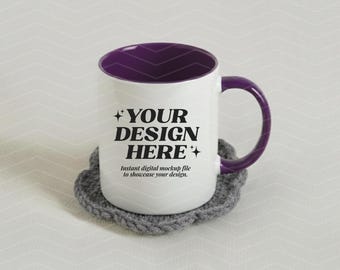 11oz accentmokmodel, paars handvatmokmodel, minimale tweekleurige cuo, paarse accentkoffiemok mock-up, printify kleurenkop, zachte esthetiek