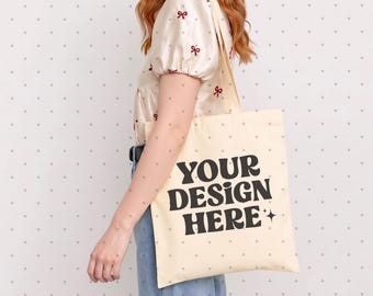 Natural Canvas Tote Bag Mockup, Coquette Aesthetic Cotton Tote, Liberty Bags OAD113, Minimalist Model Mockup, Printify , Calico Shopping Bag