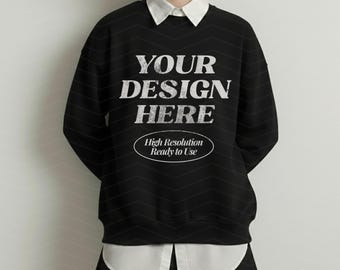 Gildan 18000 zwart model, preppy stijl, oversized zwart sweatshirtmodel, zwart Gildan-model ronde hals, G180 zwart, Dark Academia Aesthetic