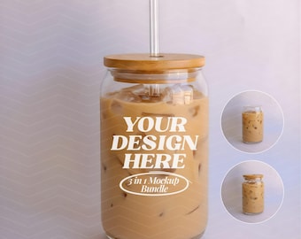 16oz sipper glazen mockupbundel, Libbey-glasmodel, esthetische ijskoffiekop, glazen bierblikje mock, moderne levensstijl, gedempte pastelkleurige sfeer
