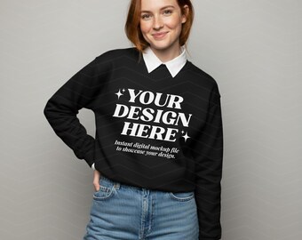Zwart Gildan 18000-sweatermodel, G180-trui met ronde hals, zwart sweatshirt lifestyle-mockup, mock-up minimalistische trui, kledingmodel