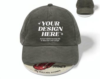 Olijfkleurige corduroy pet BA703 mockup | Big Accessories 703 Hoed | Mock-up vintage pet | Rock-esthetiek |  Printify-petmodel