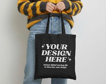 Black Tote Bag Mockup | Liberty Bags OAD113 Cotton Canvas | Lifestyle Mock Up | Front View | Minimal Aesthetic | JPG File