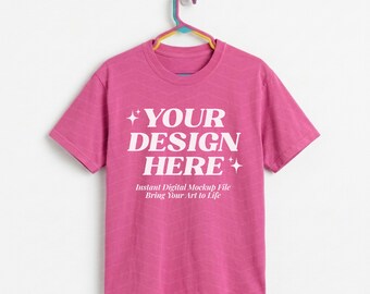 Comfort Colors 1717 Crunchberry Mockup, C1717 T-Shirt, Hanging Mock-up, Retro Pop Aesthetic, Dopamine Dressing, Y2K Style, Vibrant Pink Tee