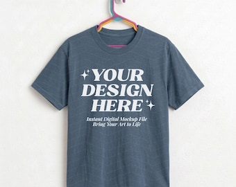 Comfort Colors 1717 Denim Mockup, C1717 Denim T-Shirt, Vintage Washed Blue, Hanging Shirt Mockup, Retro Pop Aesthetic, Garment Dyed Tee