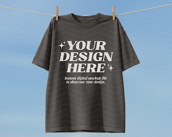 Comfort Colors 1717 Pepper-mockup, dromerige esthetiek, luchtige lucht, C1717 Pepper-mockup voor buiten, model T-shirt comfortkleuren, mock-up met waslijn